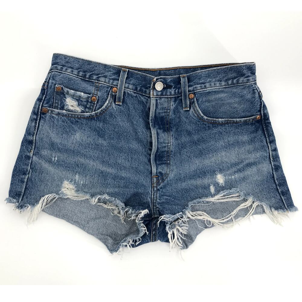 LEVI'S 501 Original Medium Wash Button Fly Distressed Denim Cut Off Shorts 30